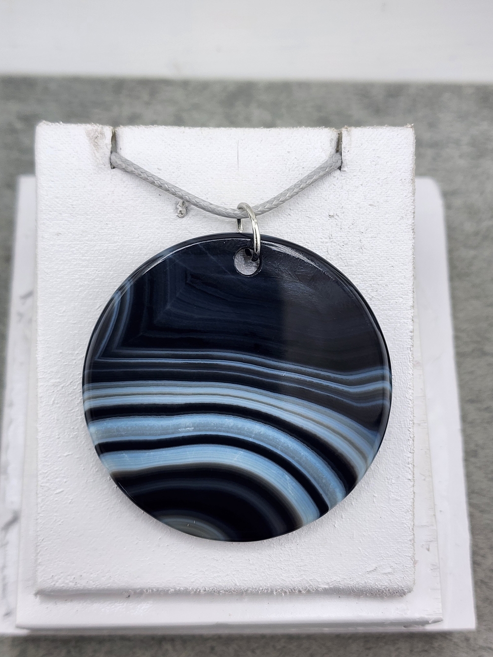 Round Black and Blue Striped Agate Pendant Necklace